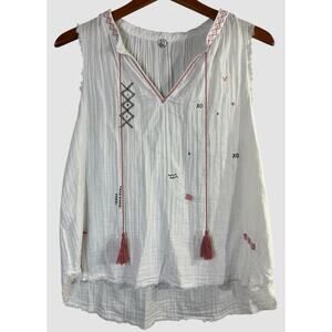 MARGARET O'LEARY Women’s Med White Cotton Embroidered Tank Sleeveless Boho
